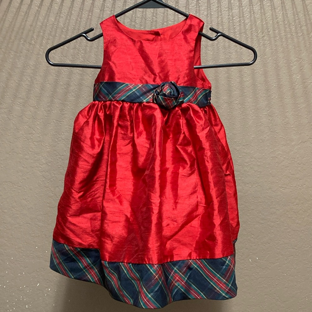 Laura Ashley Red Tafetta Dress with Plaid Trim